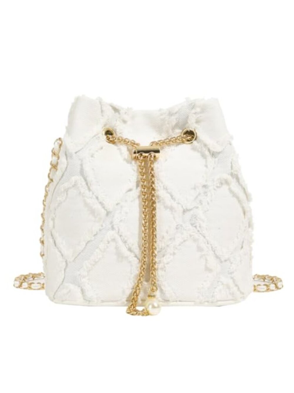 Denim Quilted Bucket Bag Drawstring Chain Strap Shoulder Handbag